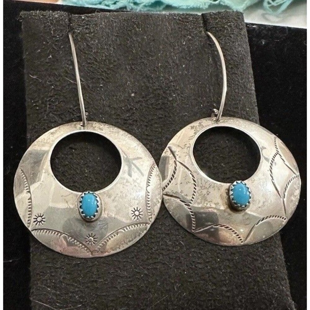 Vintage Southwest Hand Stamped Sterling Silver Concho Turquoise Earrings